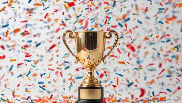 Golden Trophy Still Life, Sparkling Celebration, Colorful Confetti Abstraction.