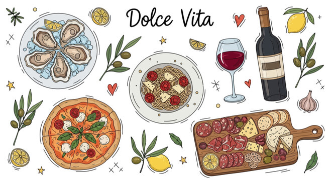 Elegant Italian Cuisine Still Life Illustration with Fresh Ingredients and Flavors