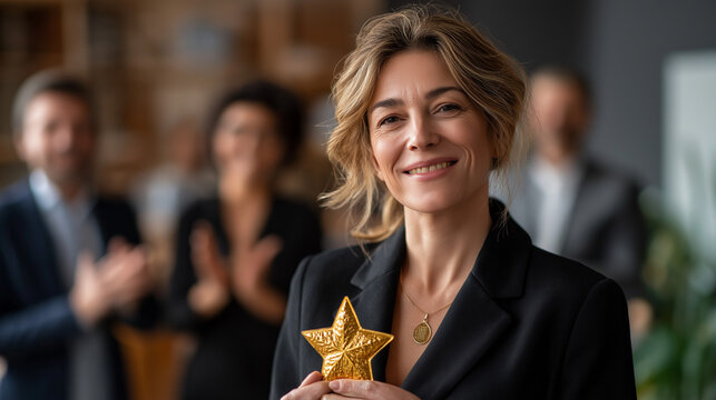Woman in black suit confidently holds golden star award, group of people in background smile, applaud, celebrate success, elegant, pro, happy businesswoman stands proudly, shining  - Powered by Adobe