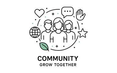 Fototapeta premium Linear community concept art with people and social symbols