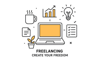 Flat design freelancing icons with laptop, coffee, and checklist concept