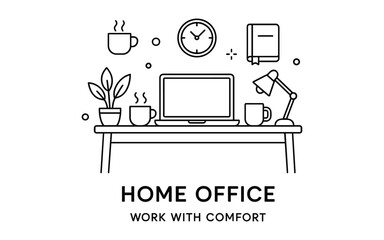 Minimalist home office desk setup with laptop and coffee elements