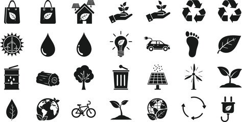 Collection of eco friendly and environmental protection icons and symbols isolated on transparent background