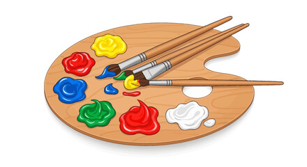Wooden art palette with colorful paints and paintbrushes for artistic creation
