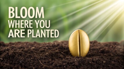 Golden coffee bean planted in rich fertile soil with sunlight