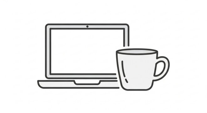 Laptop and coffee cup vector illustration for work from home concept and morning routine clip art graphic design