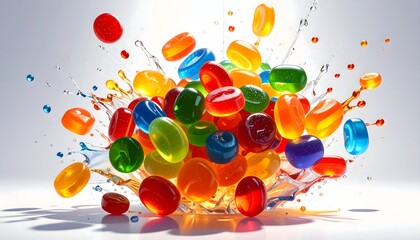 A dynamic explosion of colorful hard candies splashing with vibrant liquids against a bright background. Perfect for themes of energy, celebration, sweets, and playful fun