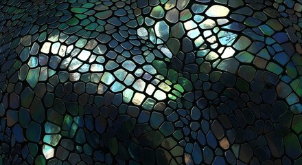 Abstract Iridescent Textured Surface with Shimmering Teal, Green, and Blue Mosaic Scales Pattern