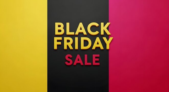 Bold yellow and red 3d text spelling out black friday sale centered on a split background of yellow and dark pink, representing a promotional event