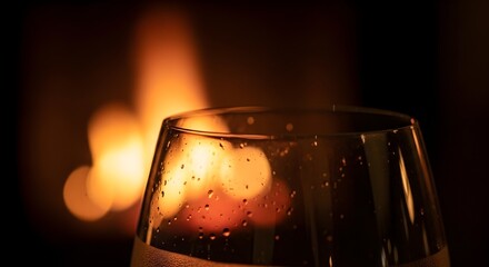 Close-up of a condensation-covered glass with warm fireplace light in the blurred background
