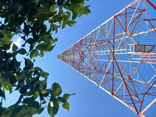 Telecommunication Antenna receiver on Gunung Medan cell phone tower with 4G base station transceiver