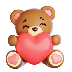 Adorable 3D Teddy Bear with Closed Eyes Gently Hugging a Pink Heart Symbol Expressing Affection and Warmth on a Transparent Background