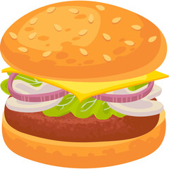 Delicious Burger Illustration With Sesame Seed Bun Melted Cheese Fresh Lettuce And Red Onion Rings On A Transparent Background
