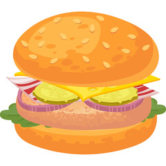 Delicious Cartoon Burger With Sesame Seed Bun Lettuce Tomato Onion Cheese and Pickles on Transparent Background Vector Illustration