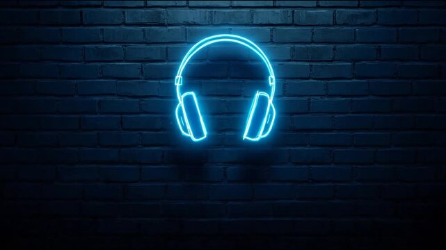 Neon headphones on a dark brick wall concept for audio and music