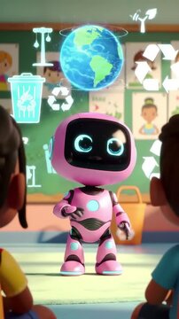 A 3D animated robot explains recycling to kids using holographic visuals of Earth, trash, and green energy. Soft pastel colors and educational tone.
