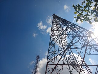Telecommunication Antenna receiver on Gunung Medan cell phone tower with 4G base station transceiver