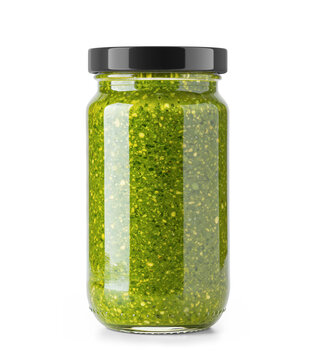 Clear Glass Jar of Pesto Sauce with glossy cap without label
