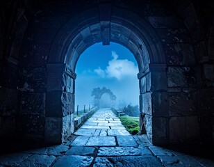 Stone archway frames a misty path to another similar structure