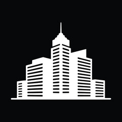Fototapeta premium Elegant silhouette of a modern high-rise building with a prominent spire, surrounded by other skyscrapers, set against a dark background, capturing urban architecture and cityscape design