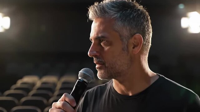 Man Speaking Into Microphone On Stage In Front Of Empty Seats.