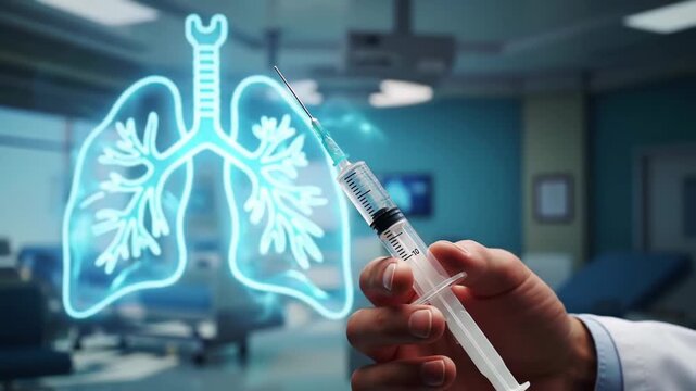 Medical professional holding syringe near lungs, healthcare concept, vaccination.