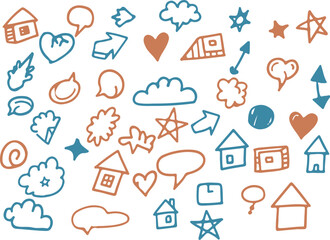 Collection of hand drawn whimsical doodles featuring houses hearts clouds and stars on white background