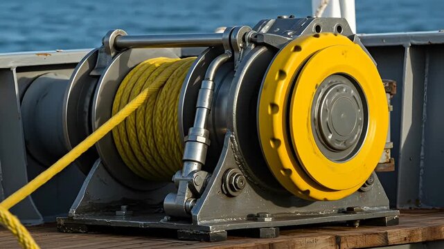 Industrial winch system on a vessel deck with yellow cable