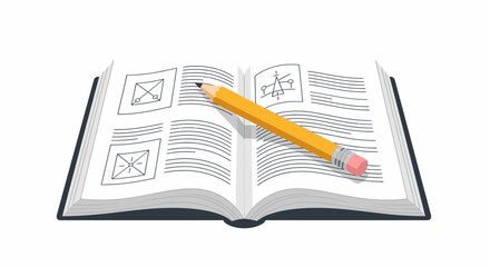 Open Book with Yellow Pencil and Diagrams