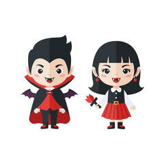 Adorable vampire kids ready for Halloween trick or treating, a spooky and fun illustration perfect for holiday cards and party invitations
