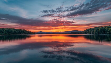 Fototapeta premium Tranquil Waterway. A Study in Warm and Cool Colors at Dusk, Reflecting the Sky.