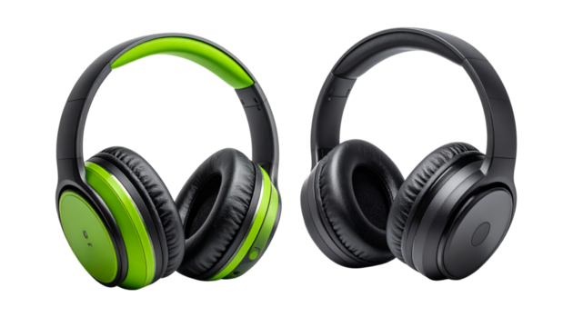  Two noise-canceling headphones in green and black, isolated on transparent background