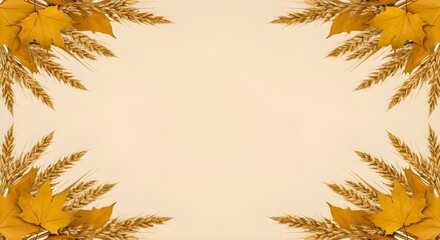 Fototapeta premium Golden Wheat Ears and Maple Leaves Corner Border Frame
