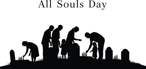 All souls day with family visiting grave and lighting candle to remember dead