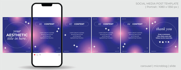 Microblog or carousel post template design for social media. Six page in portrait frame, seamless, aesthetic style with dark blue and pink gradient color theme.