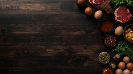 Raw meats and eggs with spices on wooden table top, great for cooking or menu