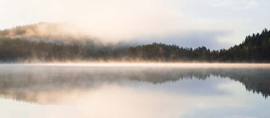 Fototapeta premium Panorama of the lake Bæreia in Kongsvinger, Norway. Photographed at sunrise. 
