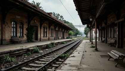 Fototapeta premium Abandoned Railway Station with Overgrown Tracks and Nostalgic Atmosphere on a Cloudy Day