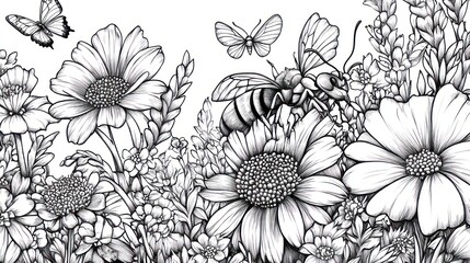 Bees, butterflies, and flowers in a field; linear illustration; for coloring pages