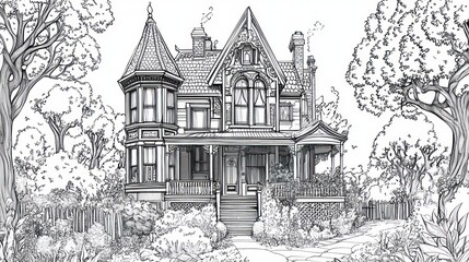 Victorian house, outlined art, amidst trees, use for coloring book, line drawing