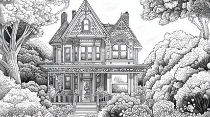 Ornate house drawing. Trees surround. Use for coloring pages, crafts, or patterns