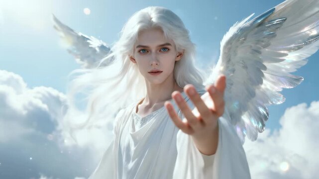 A beautiful male angel with white wings reaching out his hand. Ethereal fantasy character in a heavenly sky with clouds. Spirituality and divine guidance concept