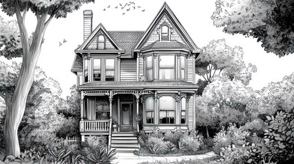 House portrait, trees surround a home with birds, possibly for real estate