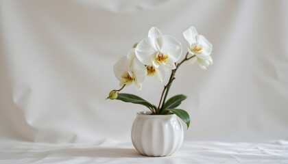Elegant White Orchid Flower Arrangement in Minimalist Ceramic Pot on Soft Textured Background