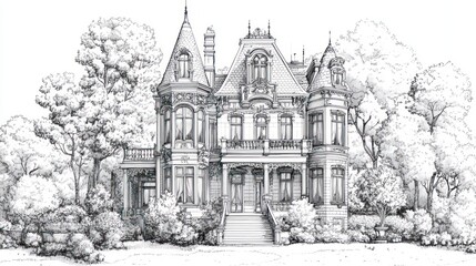 Large victorian home with trees, drawn for use as graphics in print or digital projects
