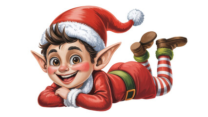 A cheerful cartoon elf wearing a red santa hat and outfit lies on its stomach isolated on transparent background