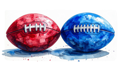  Two watercolor American football illustrations, red and blue, isolated on transparent background