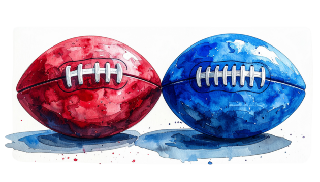  Two watercolor American football illustrations, red and blue, isolated on transparent background