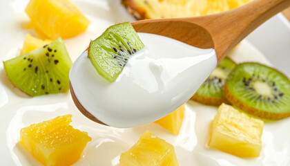 Macro close-up of yogurt with diced pineapple and kiwi on wooden spoon