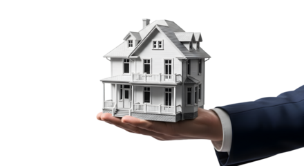 Executive Finance Visualization: Man in Suit with Detailed 3D-Printed House Model on White Studio Backdrop